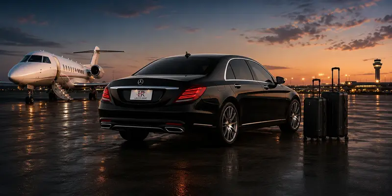 Mercedes S600 luxury airport transfer service to Beaumont featuring private chauffeur transportation, airport pickup, luggage assistance, and reliable long-distance travel with Lavish Ride branding at sunset.